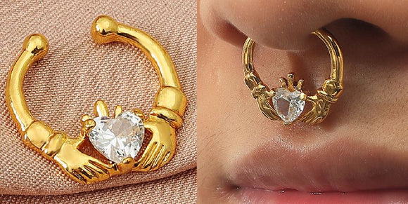 P149 Gold Crystal Gemstone Heart Hands Nose Ring - Iris Fashion Jewelry