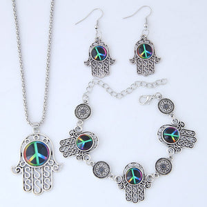 N1134 Silver Multi Color Peace Sign Hand Necklace with FREE Earrings & FREE Bracelet - Iris Fashion Jewelry