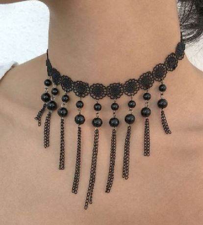 AZ875 Black Lace Tassel Choker Necklace with FREE EARRINGS