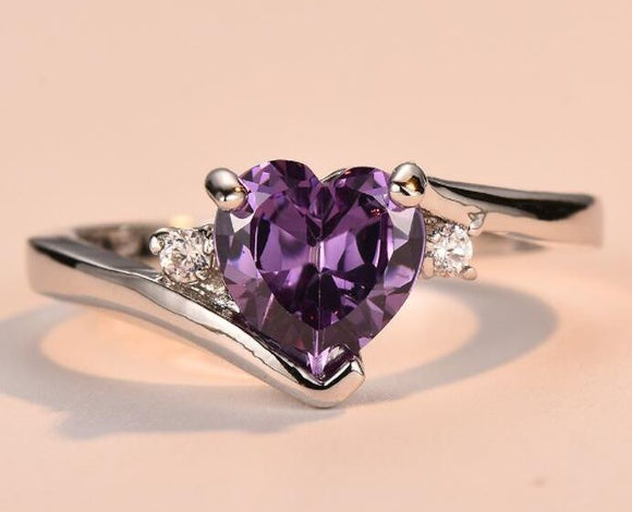 R306 Silver Lavender Heart Rhinestone Ring - Iris Fashion Jewelry