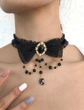 N678 Gold Black Gemstone Bow Pearls Choker Necklace with FREE EARRINGS - Iris Fashion Jewelry