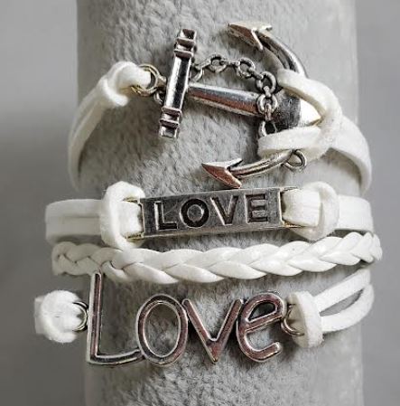 AZ1225 White Love Anchor Infinity Layer Leather Bracelet
