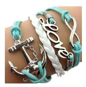B485 Blue & White Love Anchor Infinity Leather Layer Bracelet