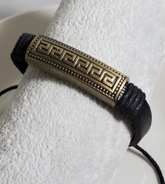 B289 Gold Aztec Design Black Leather Bracelet
