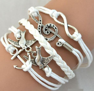 AZ1274 White Dove Music Note Anchor Infinity Layer Leather Bracelet