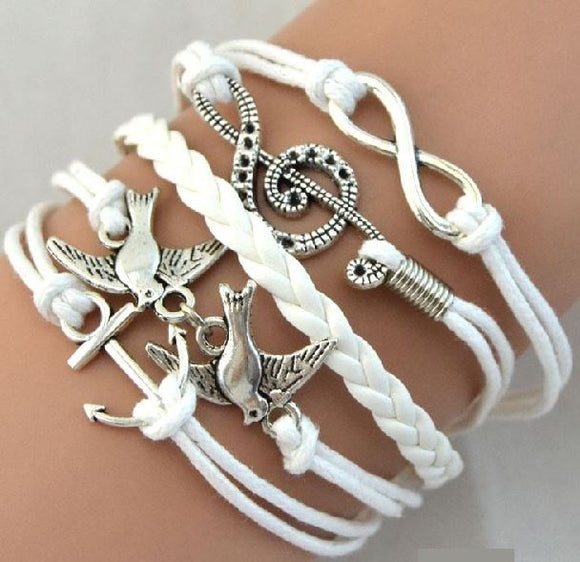 AZ1274 White Dove Music Note Anchor Infinity Layer Leather Bracelet