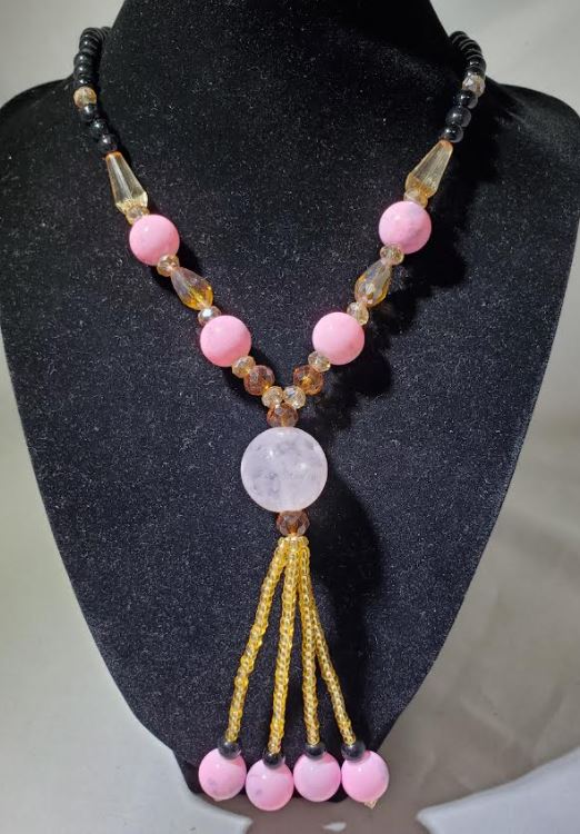 N2105 Light Pink Crackle Bead Glass Long Necklace With Free Earrings - Iris Fashion Jewelry