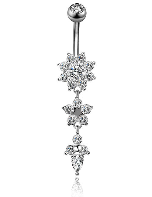 P36 Silver Flower Rhinestone Gem Ball Belly Button Ring - Iris Fashion Jewelry