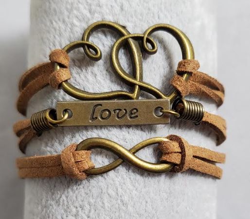 AZ1484 Brown Heart Love Infinity Layer Leather Bracelet