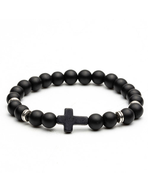 B1289 Frosted Black Bead Cross Bracelet - Iris Fashion Jewelry