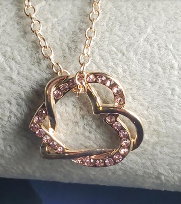 N551 Rose Gold Intertwined Hearts Pink Rhinestone Necklace with FREE EARRINGS - Iris Fashion Jewelry