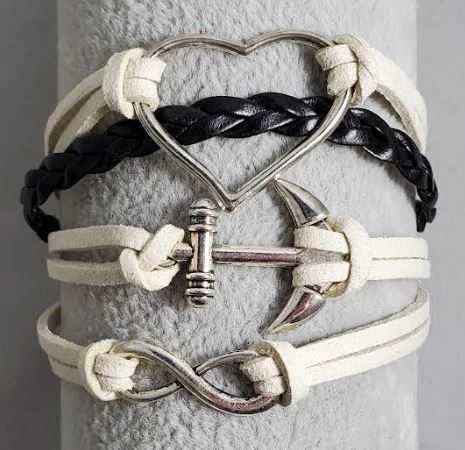 AZ1262 Ivory & Black Heart Anchor Infinity Layer Leather Bracelet