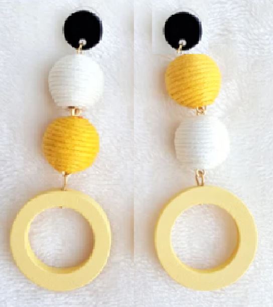 E956 White & Yellow Twine & Wooden Earrings