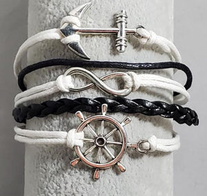 AZ705 White & Black Anchor Ship Wheel Infinity Leather Bracelet