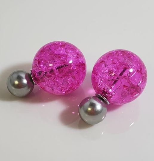 AZ1442 Gray Pearl Hot Pink Ice Breaker Double Ball Earrings