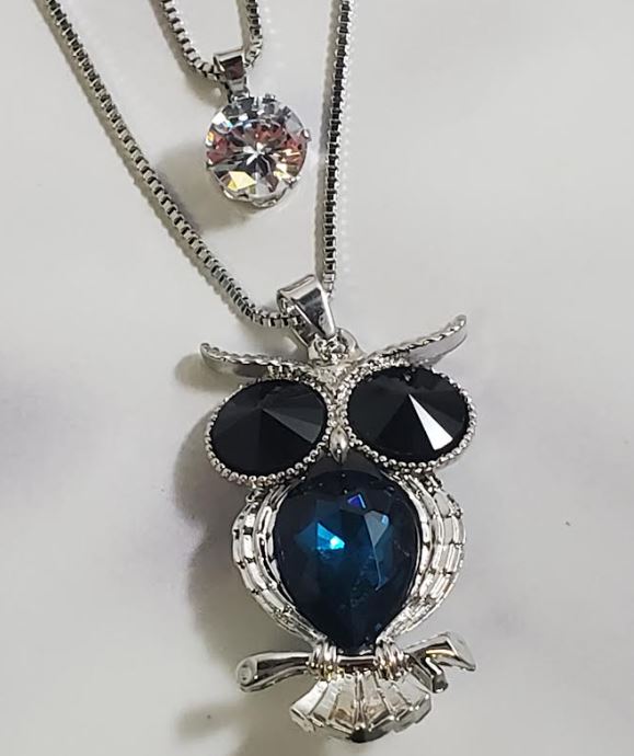 N1743 Silver Blue Gemstone Owl Necklace with FREE Earrings