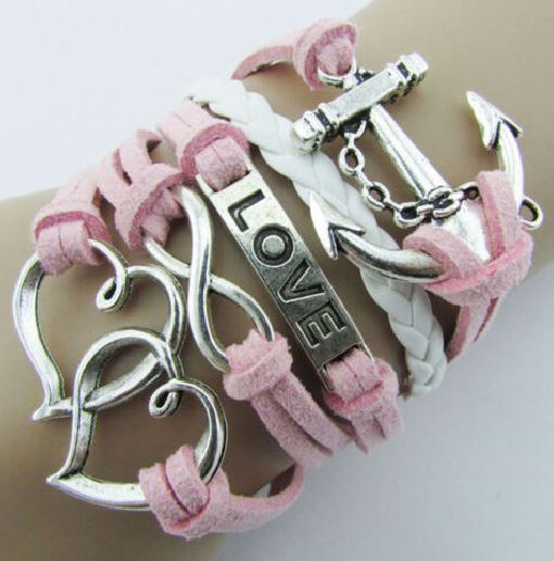 AZ285 Pink & White Anchor Love Heart Infinity Leather Layer Bracelet