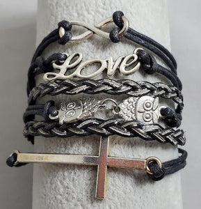 AZ1491 Black Love Owl Cross Infinity Layer Leather Bracelet