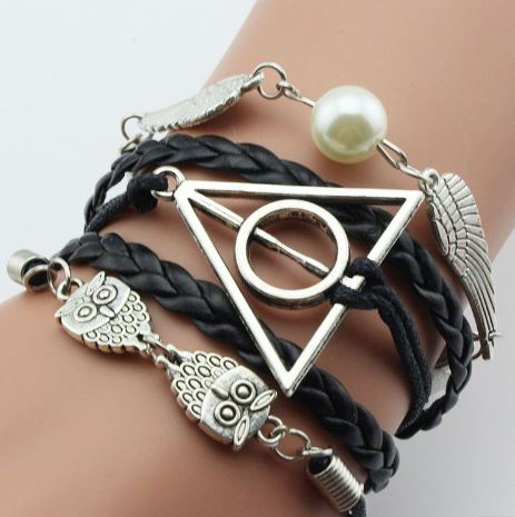 AZ1431 Black Owl Wing Deathly Hallows Infinity Layer Leather Bracelet