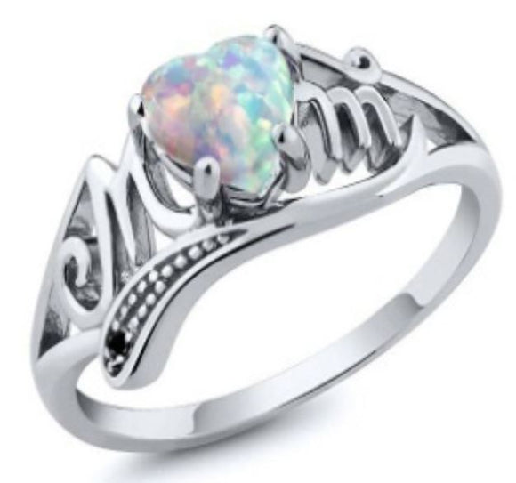 R339 Silver Mom Opal Heart Ring - Iris Fashion Jewelry