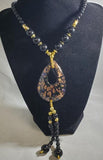 N793 Black Decorated Glass Teardrop Long Necklace With Free Earrings - Iris Fashion Jewelry