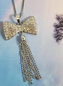 AZ321 Silver Rhinestone Bow Tassel Necklace with FREE EARRINGS