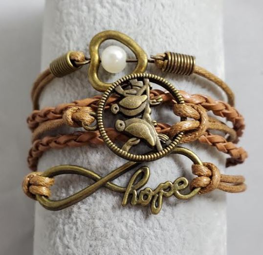 AZ1467 Brown Pearl Heart Bird Hope Infinity Layer Leather Bracelet