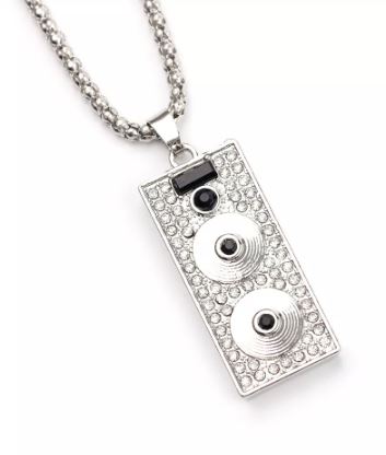 AZ575 Silver Rhinestone DJ Music Pendant Necklace with FREE EARRINGS