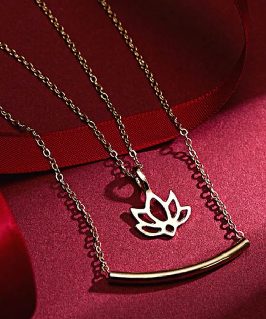 AZ965 Gold Lotus Flower Layered Necklace with FREE EARRINGS