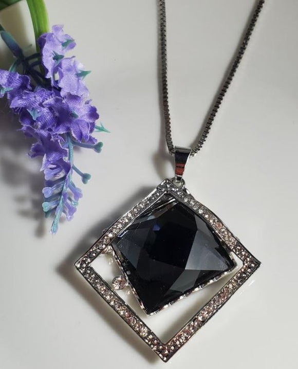 N2201 Silver Rhinestone Gray Gemstone Square Necklace with FREE Earrings - Iris Fashion Jewelry