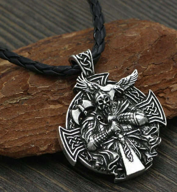 AZ581 Silver Viking Cross on Braided Leather Cord Necklace with FREE EARRINGS