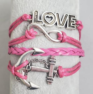 AZ409 Hot Pink Love Anchor Infinity Leather Layer Bracelet