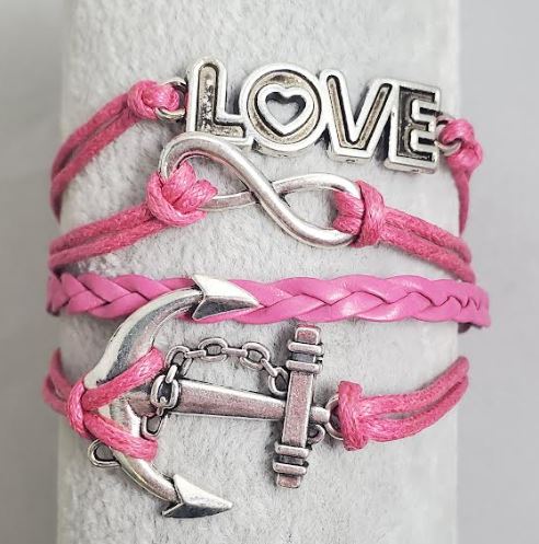AZ409 Hot Pink Love Anchor Infinity Leather Layer Bracelet