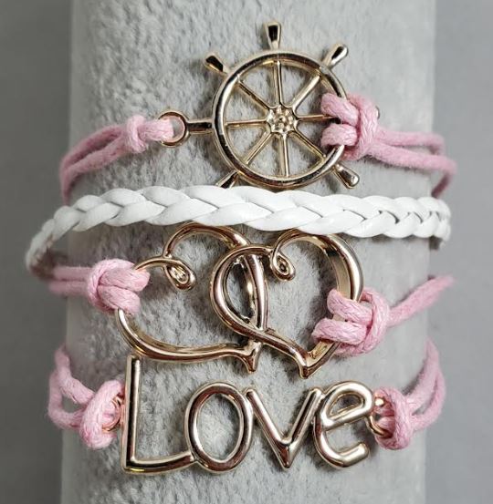 AZ1182 Light Pink & White Love Ship Wheel Heart Infinity Layer Leather Bracelet