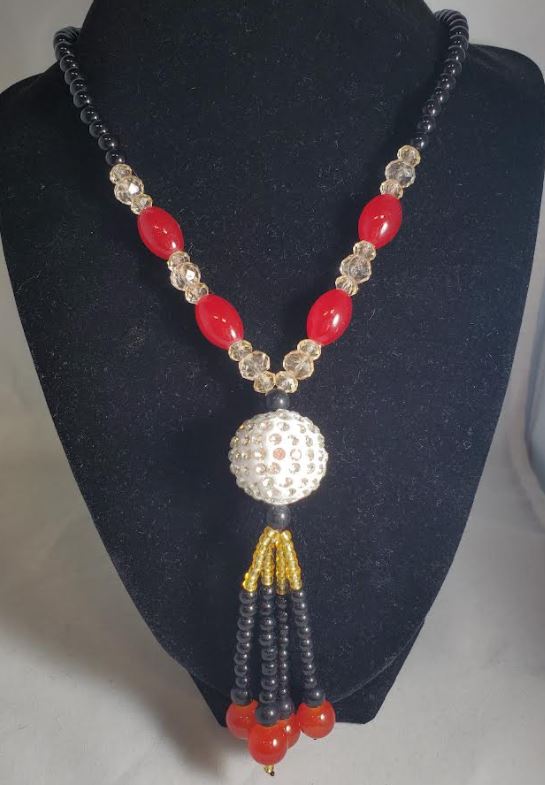 N20 Black Bead Rhinestone Ball Glass Long Necklace With Free Earrings - Iris Fashion Jewelry