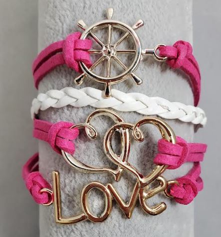 AZ304 Hot Pink & White Ship Wheel Heart Love Infinity Layer Leather Bracelet