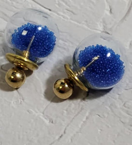 E650 Gold Blue Bead Filled Double Ball Earrings