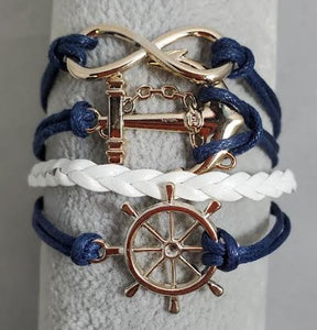 AZ1299 Blue & White Ship Wheel Anchor Infinity Layer Leather Bracelet