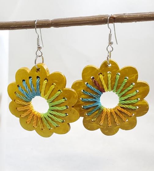 AZ1527 Yellow Flower Coconut Shell Wooden Earrings