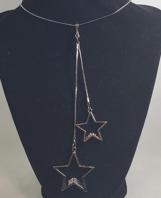 AZ551 Gun Metal Rhinestone Double Star Necklace with FREE Earrings