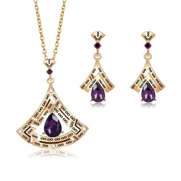 N2096 Gold Geometric Purple Gem Necklace With Free Earrings - Iris Fashion Jewelry