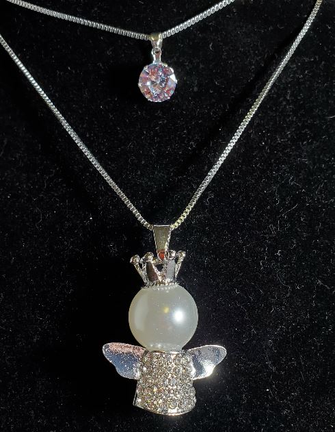 AZ755 Silver Rhinestone and Pearl Fairy Necklace with FREE Earrings