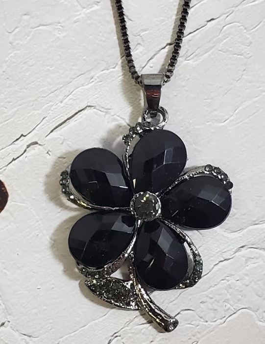 AZ277 Gun Metal Black Gemstone Flower Necklace with FREE EARRINGS