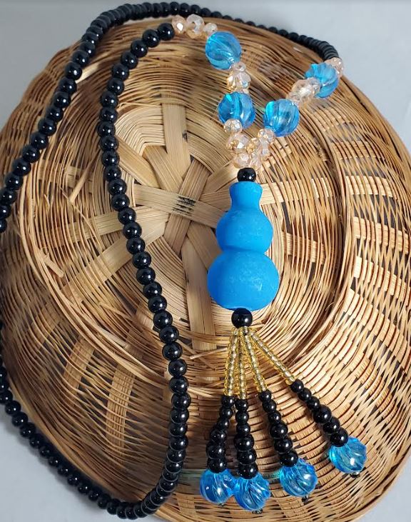 AZ484 Blue Geometric Glass Long Bead Necklace With Free Earrings