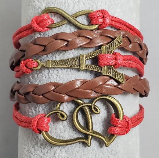 AZ474 Red & Brown Eiffel Tower Heart Infinity Leather Layer Bracelet