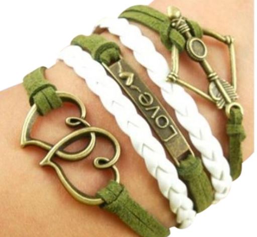 AZ1235 Green & White Love Bow Arrow Infinity Layer Leather Bracelet