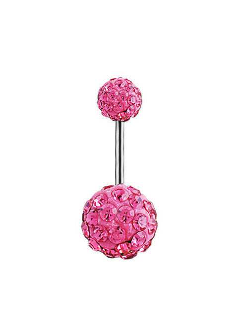 P63 Silver Large Double Ball Pink Gems Belly Button Ring - Iris Fashion Jewelry