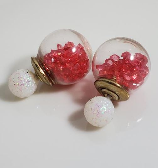 AZ1199 Iridescent White Pink Gem Filled Ball Earrings