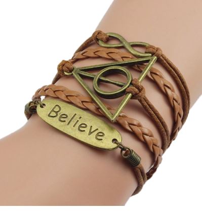 AZ1207 Brown Believe Deathly Hallows Infinity Layer Leather Bracelet