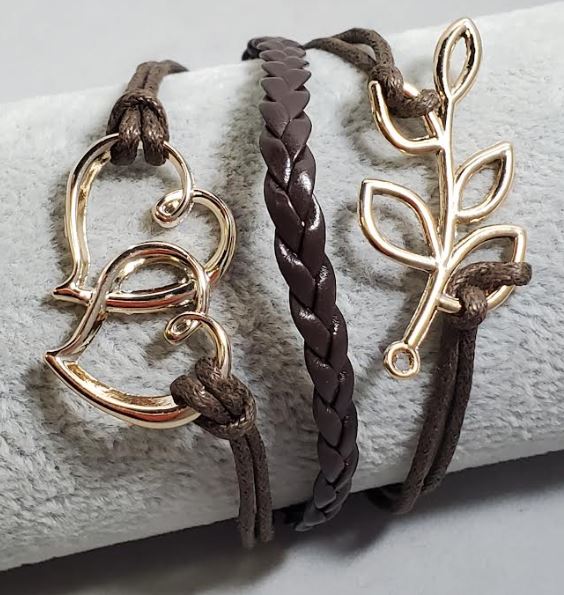 B1294 Brown Rose Gold Heart Leaf Leather Layer Bracelet - Iris Fashion Jewelry